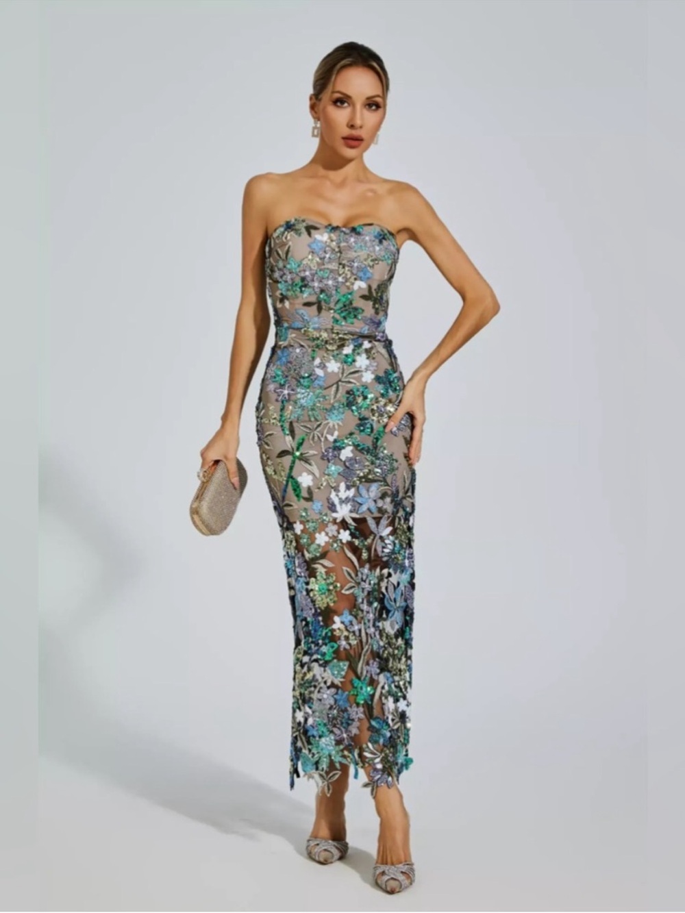 Strapless Floral Embroidered Sheath Dress in Green and Blue